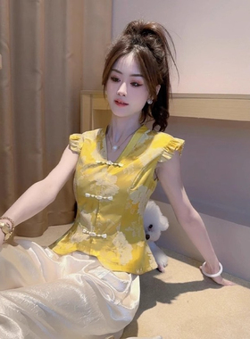 2025新中式国风时尚百搭黄色无袖飞飞袖气质设计款小衫上衣