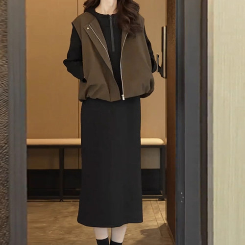 时尚连帽卫衣裙2025秋冬新款宽松半拉链中长款连衣裙无袖花苞马甲