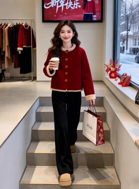新年巨好看的外套女时尚高级感国风气质红色宽松休闲圆领毛呢上衣