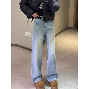 满天星烫钻加绒牛仔裤女2026年冬季新款高腰显瘦显腿长直筒阔腿裤