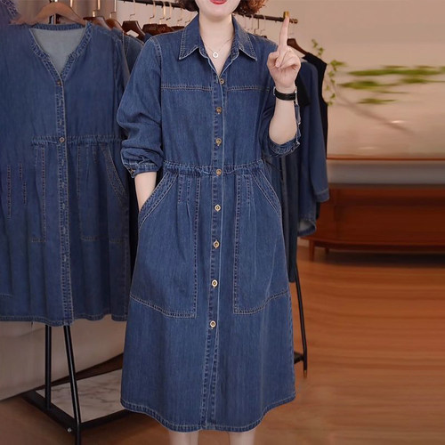 秋季长袖牛仔连衣裙女2025新款大码遮肉遮胯显瘦过膝休闲百搭裙子