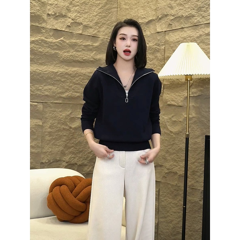 翻领半拉链针织衫上衣女2024秋冬季新款时尚百搭显瘦套头内搭毛衣