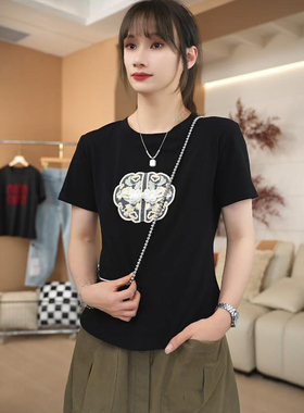 减龄遮肉休闲显瘦女装国风复古黑色圆领短袖T恤夏季新款百搭上衣