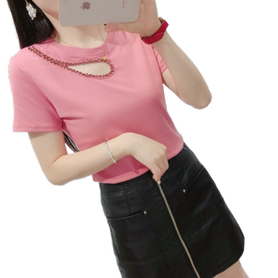 欧洲站2023夏新款漏洞纯棉T恤女修身显瘦百搭体恤小心机上衣ins潮