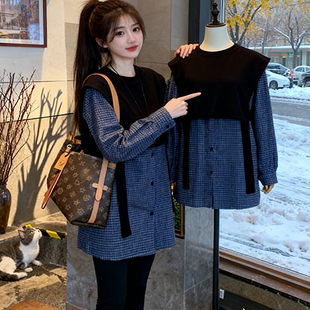 2025冬季新款韩国高级感假两件格子衬衫裙时髦气质设计感上衣女装