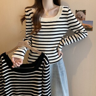 法式U领黑白条纹长袖t恤秋季上衣女新款韩系轻熟风内搭打底针织衫
