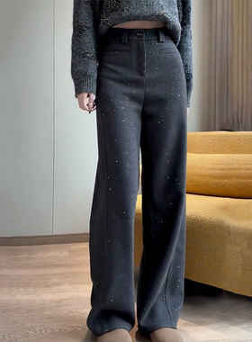 灰色亮片时髦感窄版显瘦加厚直筒裤女春季新款时尚高腰百搭拖地裤