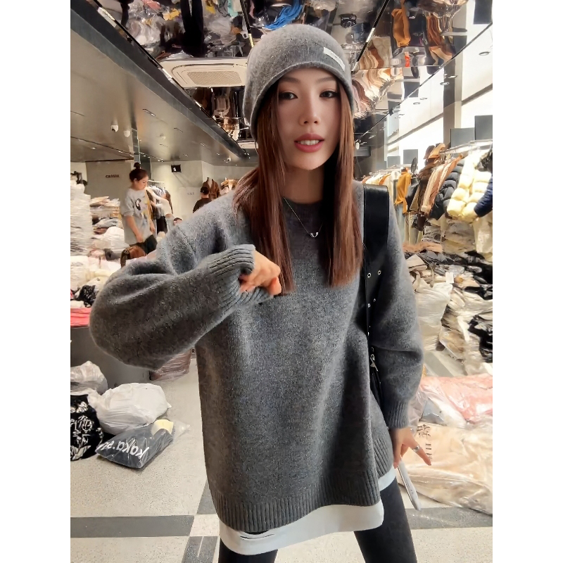 大码女装假两件拼接圆领灰色毛衣针织衫秋季新款胖mm宽松显瘦上衣,女装/女士精品,毛针织衫,淘宝优惠券,粉丝福利购,淘宝优惠卷