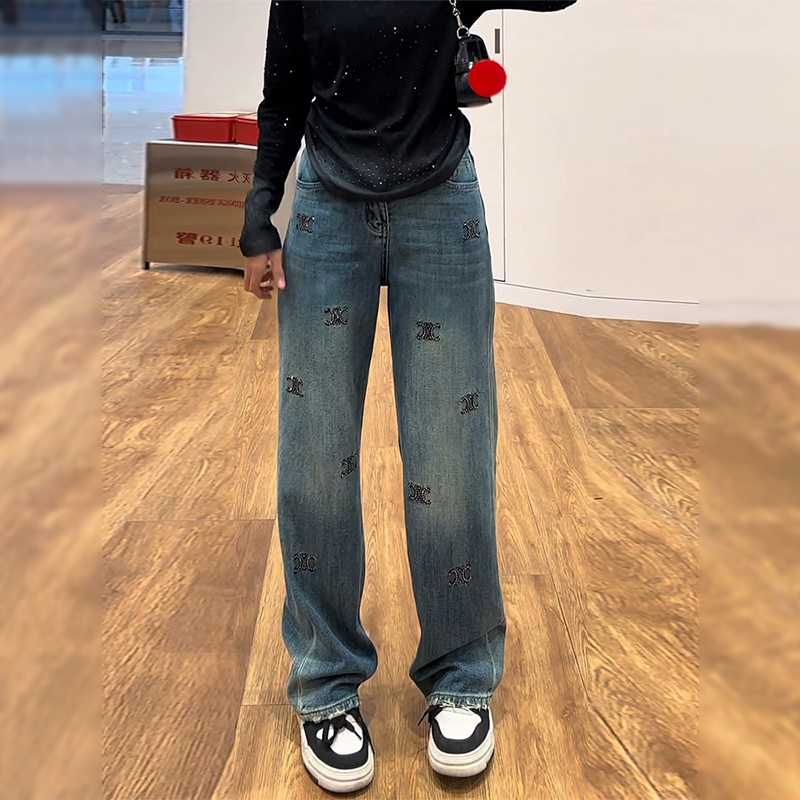 2025年春季新款窄版阔腿裤女小个子设计感烫钻牛仔裤直筒显瘦裤子
