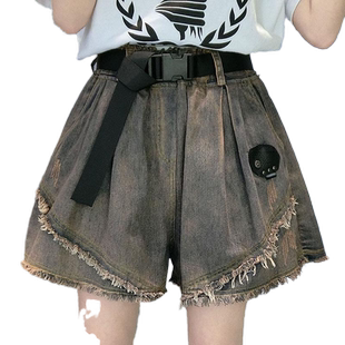 欧洲站牛仔短裤女高腰a字宽松新款夏季松紧腰复古毛边阔腿热裤潮