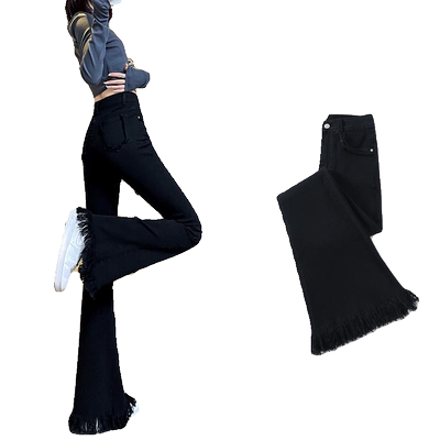 黑色喇叭裤女秋冬加绒2024年新款高腰毛边流苏小个子微喇牛仔裤子