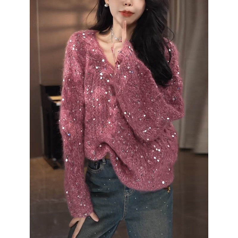2025早春季慵懒高级感V领毛衣女宽松加厚重工亮片打底针织衫上衣