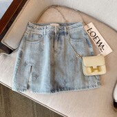 浅蓝色烫钻水洗牛仔半身裙夏季 女小个子复古显瘦a字短裙 2024新款