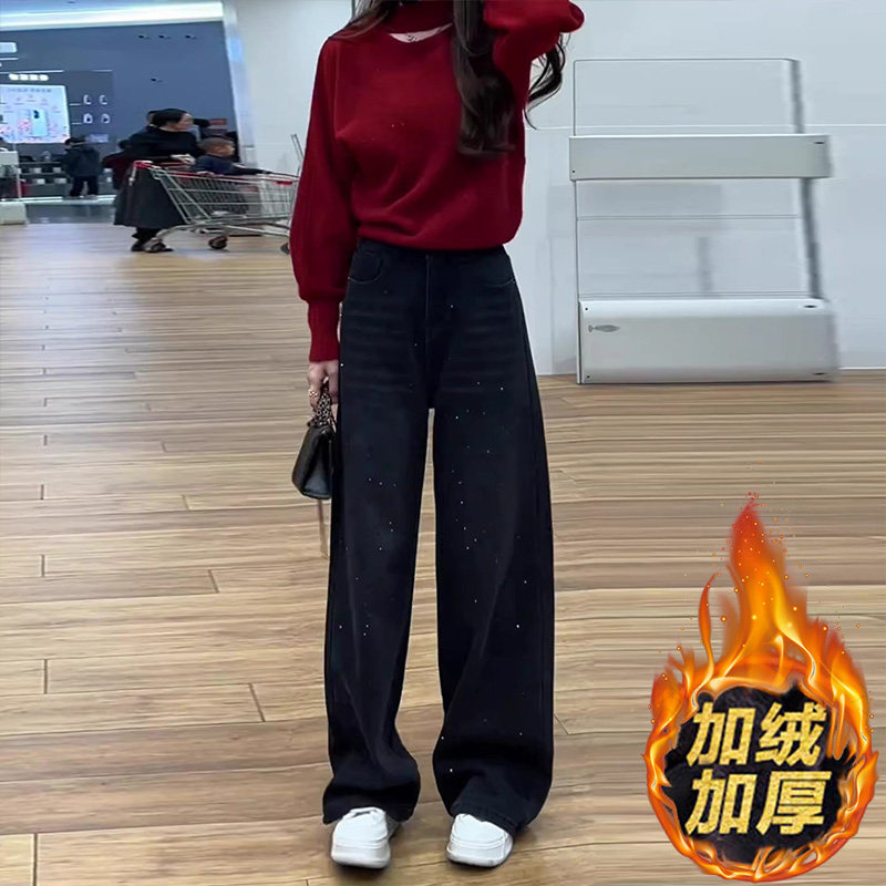 重工烫钻黑色加绒阔腿牛仔裤女2026春季新款显瘦百搭宽松拖地裤子,女装/女士精品,牛仔裤,淘宝优惠券,粉丝福利购,淘宝优惠卷
