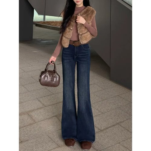 时尚卡其色微喇牛仔裤女秋冬季不贴腿小个子高腰显瘦喇叭拖地裤潮