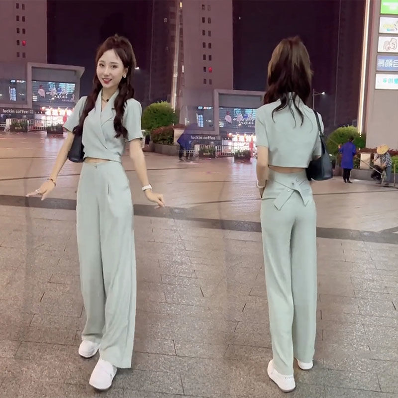 网红夏季新款气质高级感时尚套装短款设计感西服法式阔腿裤两件套,女装/女士精品,时尚套装,淘宝优惠券,粉丝福利购,淘宝优惠卷