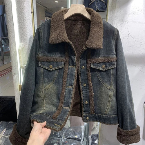 欧货加绒牛仔外套女2024秋冬季新款港风短款上衣毛毛内里派克服潮