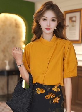 黄色复古港风短袖衬衫2024新款设计感小众独特别致超好看上衣夏季