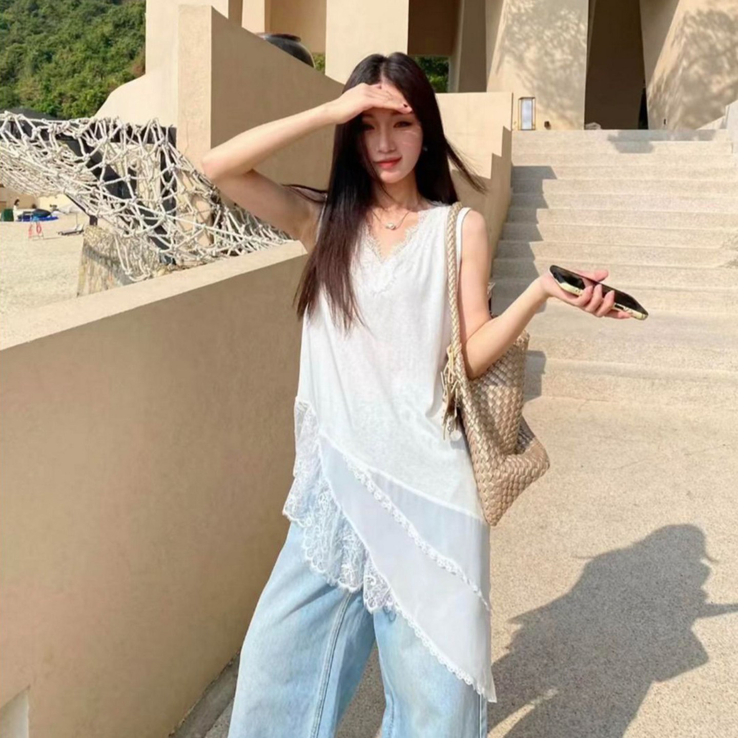 韩版时尚设计不规则下摆蕾丝2026夏季新款吊带背心连衣裙叠穿女装