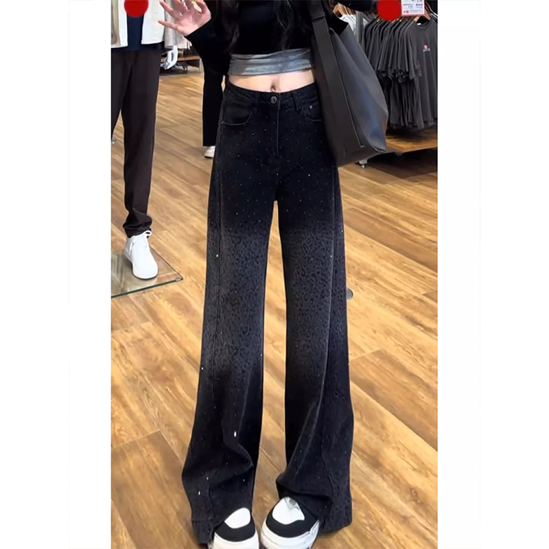 2025秋冬加绒牛仔裤女设计感豹纹烫钻弹力显瘦显高宽松窄版阔腿裤
