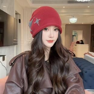 冬季新款后抽绳子多种戴法针织女士百搭时尚冬天韩版保暖帽子