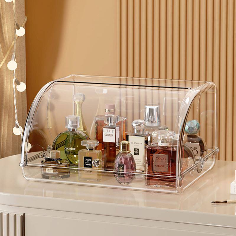 桌面防尘收纳盒高级感翻盖透明香水护肤品收纳架玄关置物盒展示柜