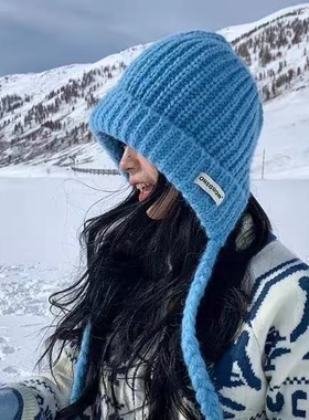 韩版蓝色巴拉克拉法帽女秋冬加厚保暖毛线帽大头围护耳针织帽子潮
