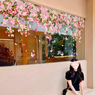 ins风春季樱花玻璃贴纸店铺橱窗装饰促销服装美容店桃花静电墙贴