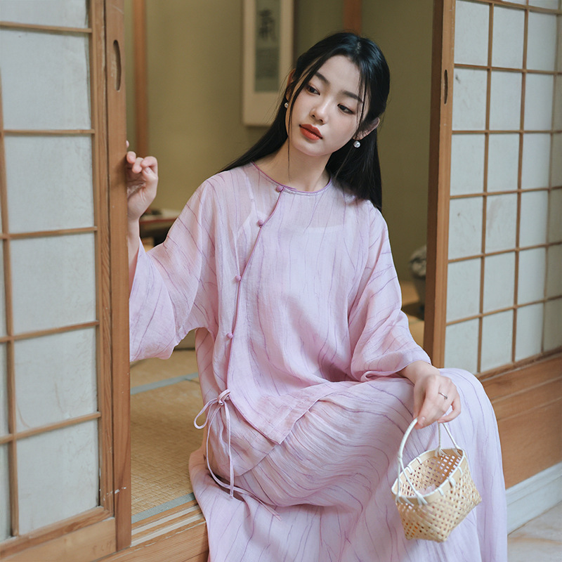 斜开襟系扣粉色苎麻新中式上衣女