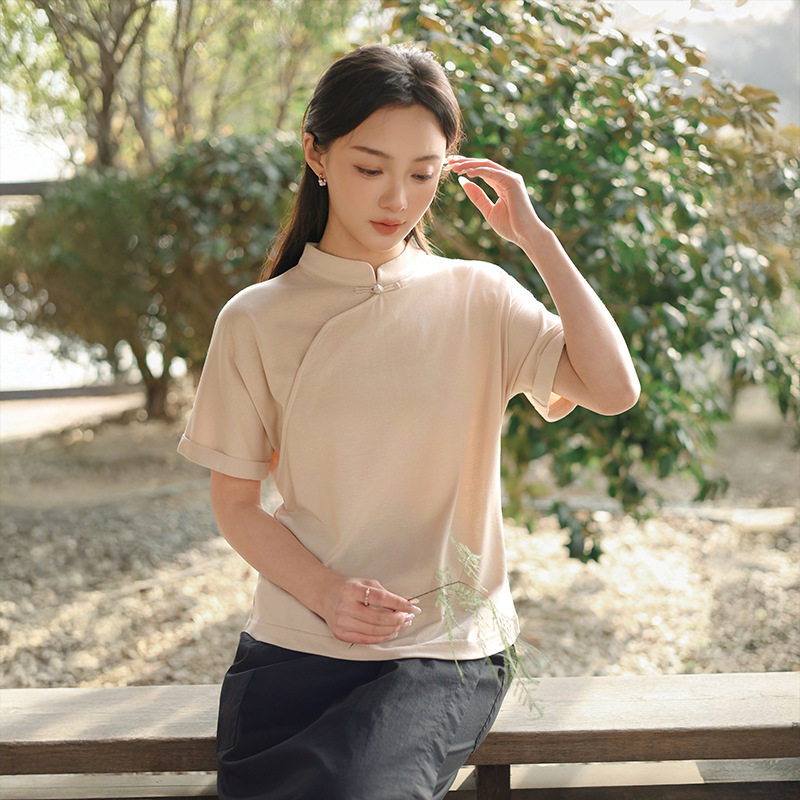 2026夏季棉麻短袖中国风t恤女复古文艺立领盘扣斜开襟新中式上衣