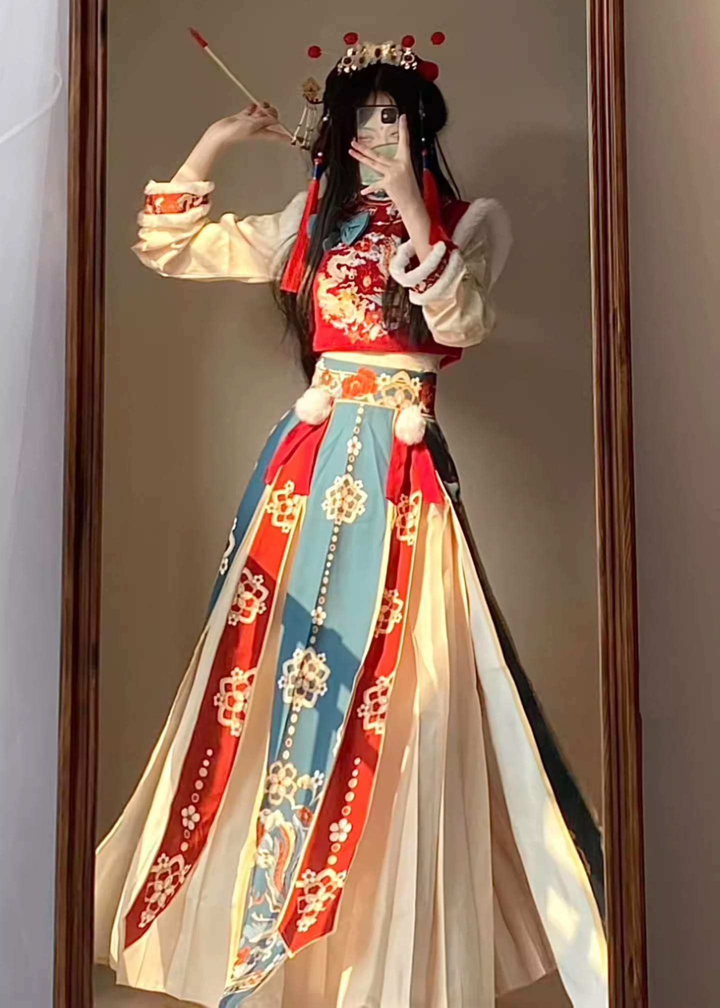 新年战袍穿搭冬季套装过年汉服女比甲加绒加厚改良汉元素拜年服