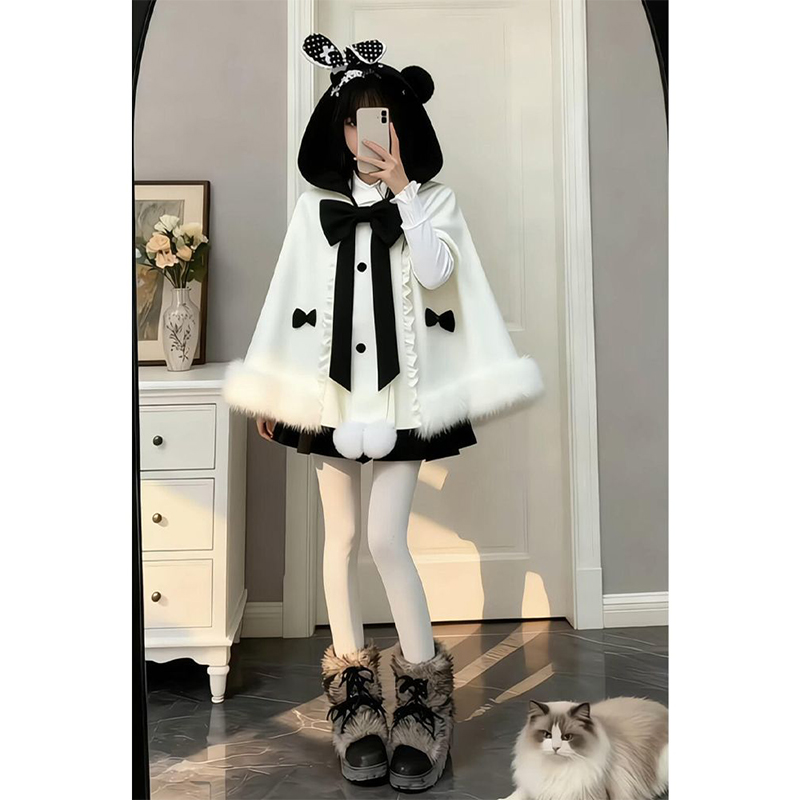 雪国千金 冬季新款韩剧氛围感斗篷毛毛边披肩小熊帽子+半身裙套装