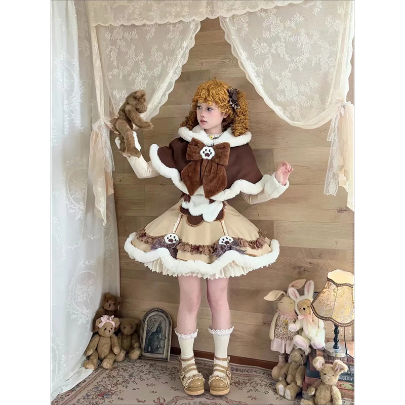 甜美可爱洛丽塔毛绒蝴蝶结日系连帽斗篷外套上衣lolita裙洛丽塔