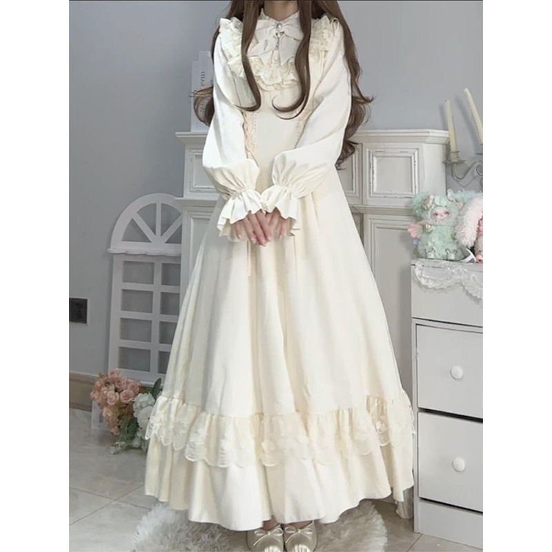 秋冬优雅长袖清楚系大小姐设计cla系收腰蕾丝花边洛丽塔lolita裙