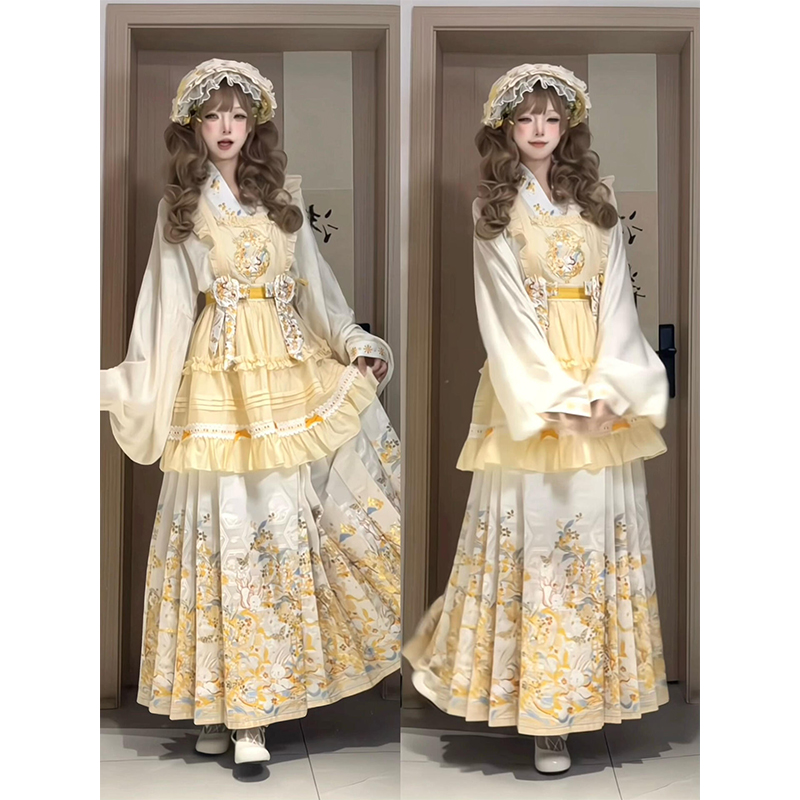黄色汉洋折衷汉服女琵琶袖马面裙刺绣罩裙洛丽塔lolita裙闺蜜装