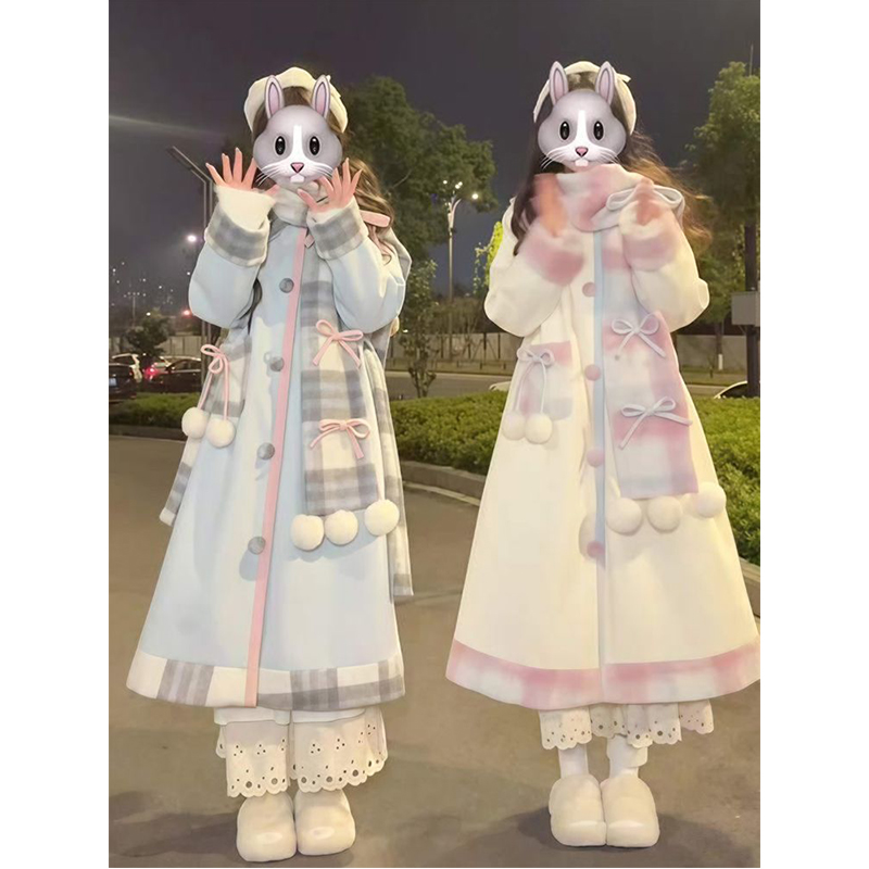 可爱蝴蝶结格子甜美围巾毛呢连衣裙外套两件套大衣学院风洛丽塔