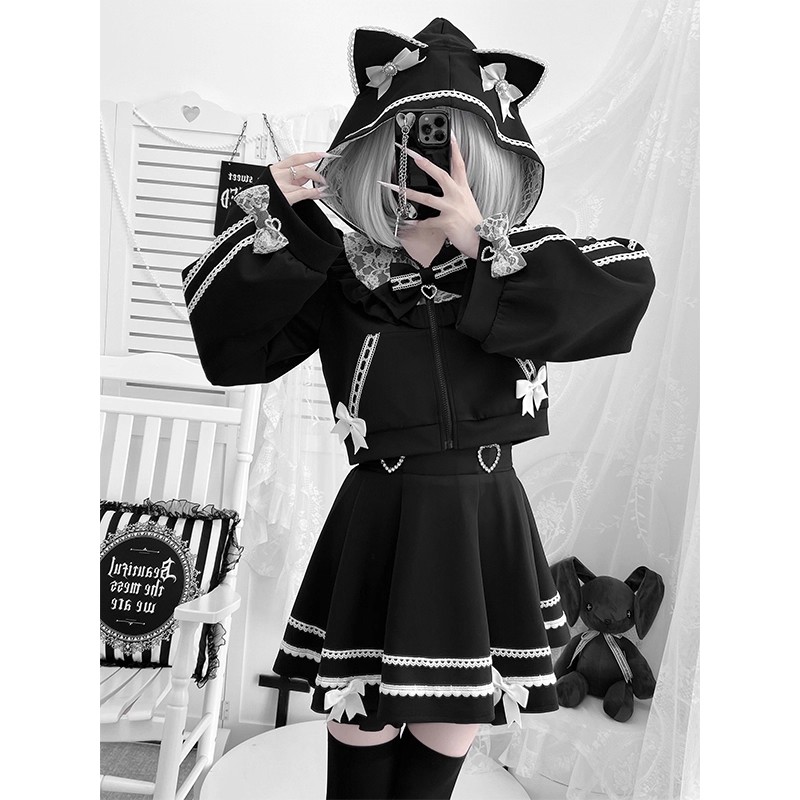 亚文化蕾系蕾服可爱猫耳秋冬长袖短款运动装黑色套装学院风日系