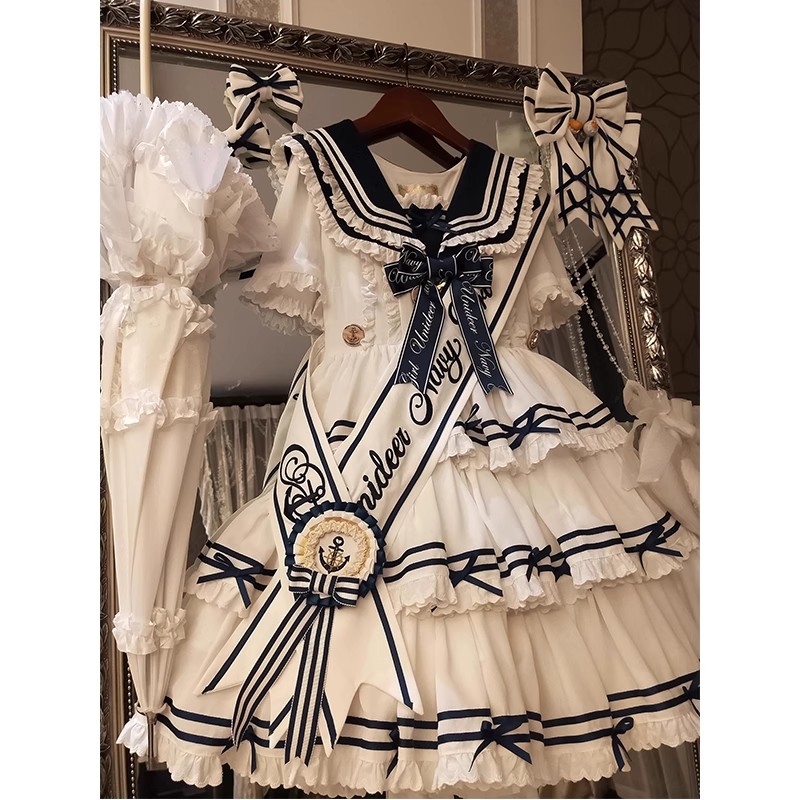 白色海军领三段式lolita裙绶带套装可爱温柔风公主裙洛丽塔日常