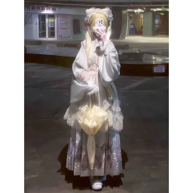 蓝色汉洋折衷汉服女琵琶袖马面裙刺绣罩裙洛丽塔lolita裙优雅甜美