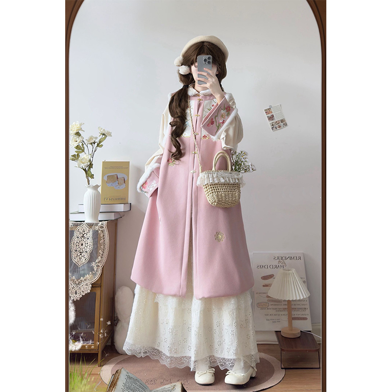 粉色汉服女汉元素圆领比甲新中式蛋糕裙日常秋冬新款可爱甜美超仙