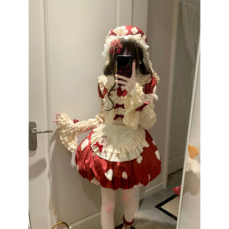 红色蘑菇可爱甜妹lolita裙洛丽塔花苞OP可爱连衣裙公主裙日常洋装