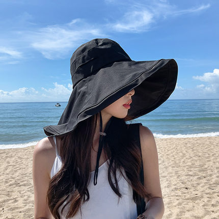 日本设计18cm超大护颈防紫外线遮阳帽女夏季防晒帽黑胶大檐太阳帽