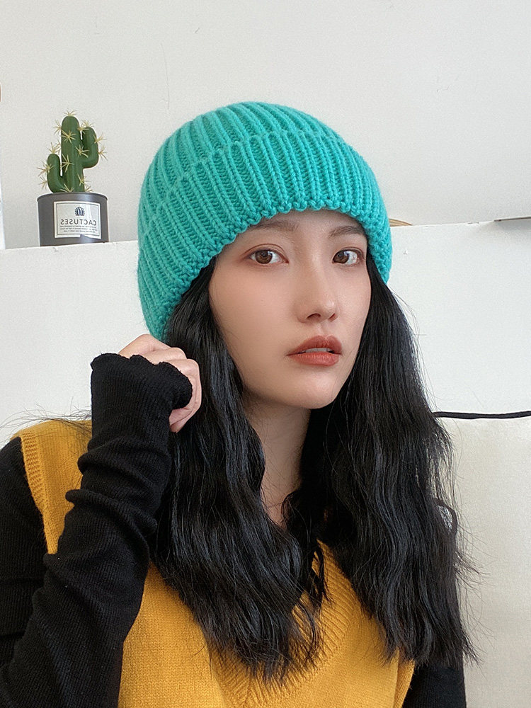 日系百搭街头糖果色竖条毛线帽子女秋冬加厚保暖纯色套头针织帽男