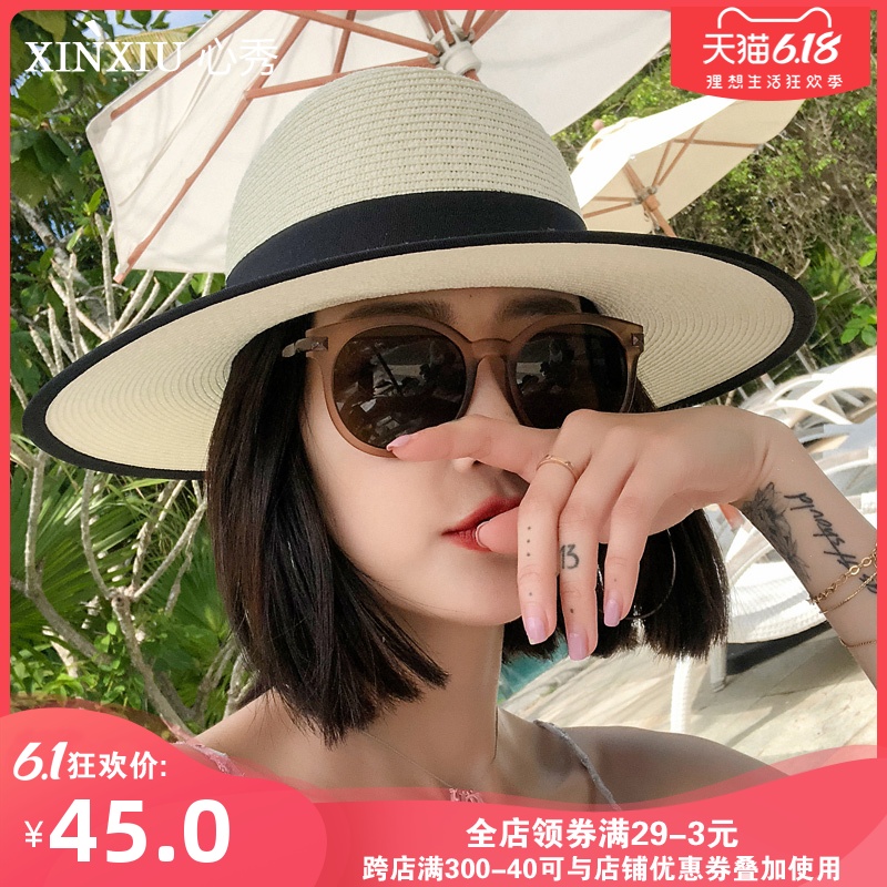 爵士草帽潮出游沙滩帽太阳帽海边遮阳帽子英伦韩版度假帽女礼帽夏