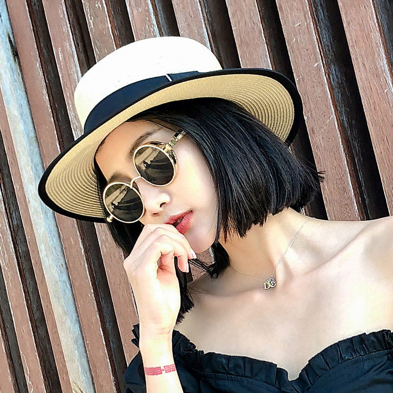 帽子女夏天英伦礼帽平顶帽海边防晒沙滩帽遮阳帽韩版度假草帽休闲