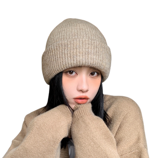 帽子女秋冬毛线帽潮韩版保暖护耳冷帽套头帽纯色百搭显脸小针织帽