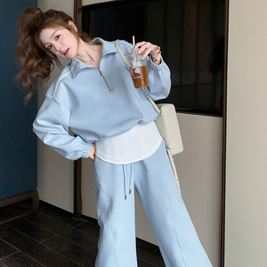 蓝色休闲运动卫衣套装裤女2025开春新款学院风减龄卫裤两件套宽松图片