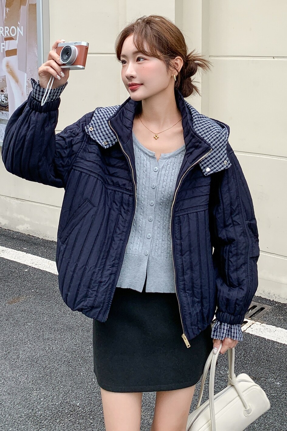 韩系复古蓝色连帽棉服外套女冬季2025新款小个子气质超火棉衣棉袄,女装套装/套裙,慧峰