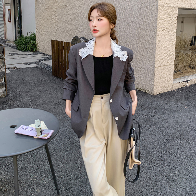 灰色通勤短款西服上衣女春秋季超火好看高级小众休闲职业西装外套,女装西装,鑫慧