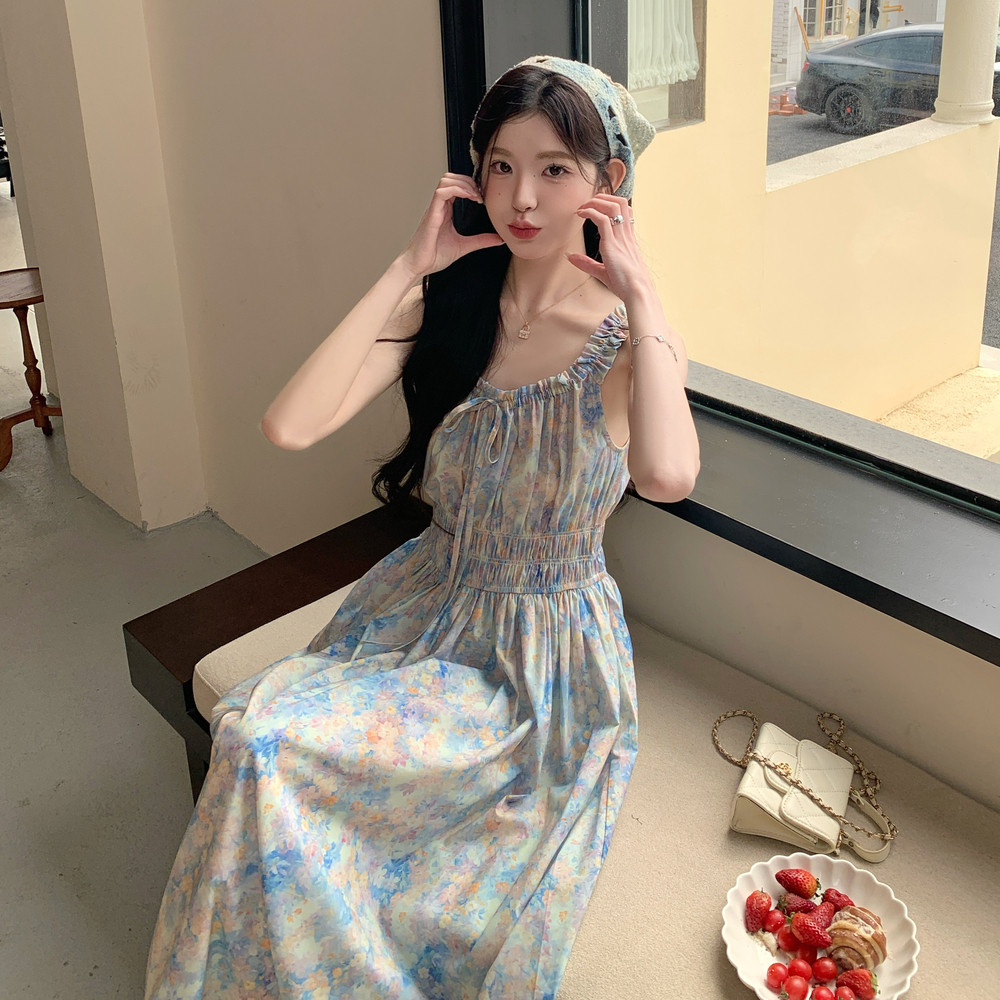 法式气质油画印花吊带裙连衣裙套装女夏2025新款独特漂亮绝美长裙,女装连衣裙,慧峰